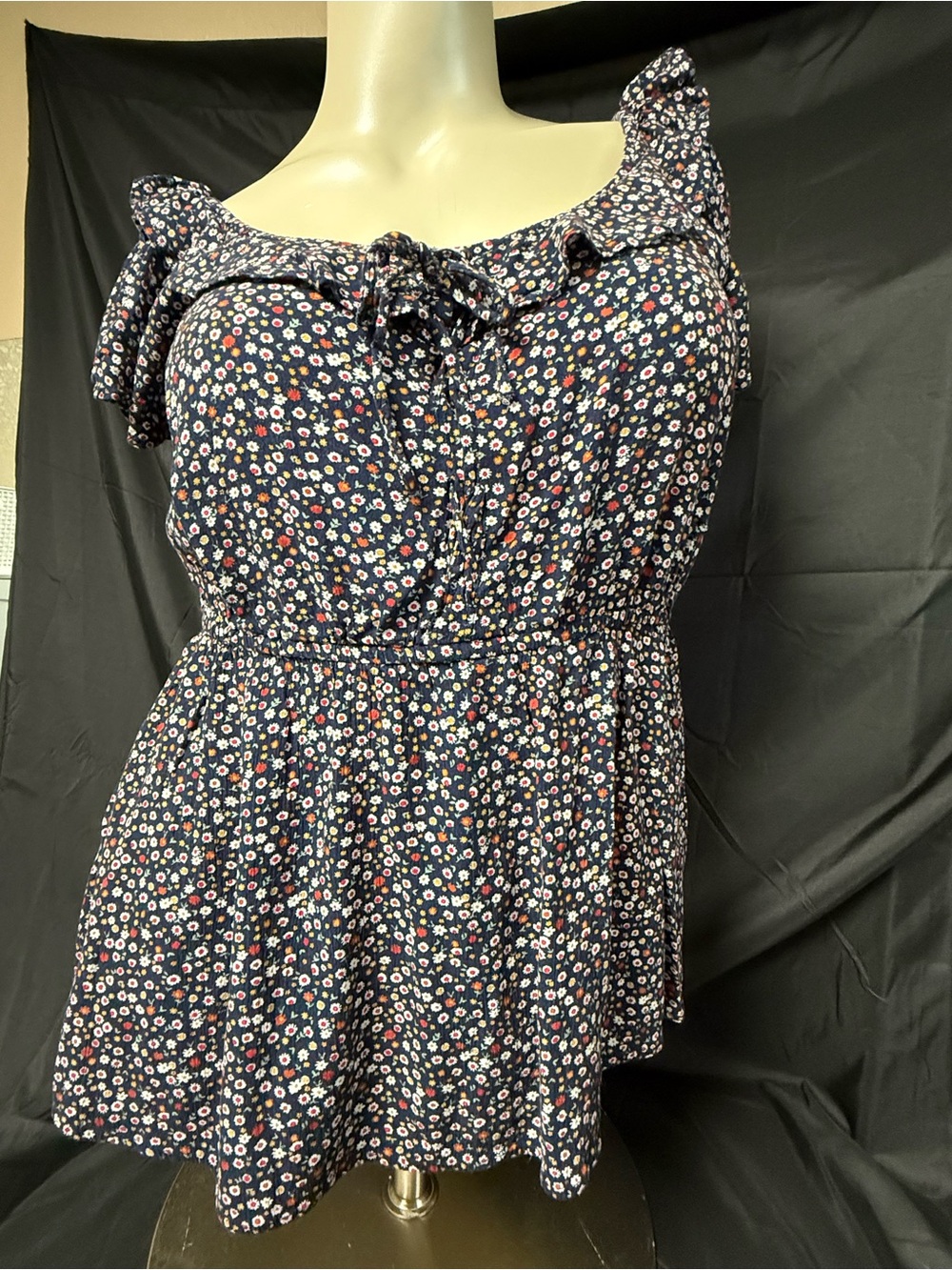Maurices Navy Floral Tie-Front Peplum Blouse